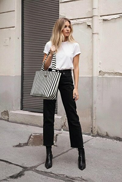 Bagg Black Striped Woven Fabric Bag