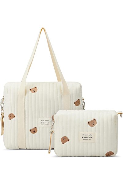 EXCEFORE حقيبة حفاضات كبيرة من قطعتين - تصميم دب لطيف من القطن المبطن