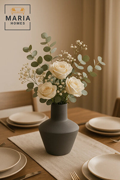 MARIA HOMES Modern Grey Decorative Vase – Textured Ceramic Table Vase for Home & Office Décor