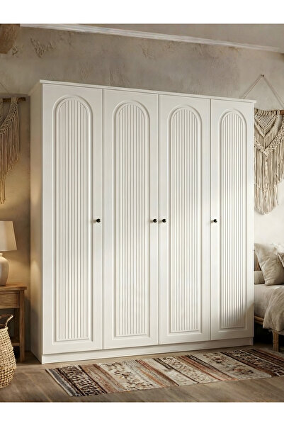 Free Home 4 Kapaklı MDF Dev Gardırop 180 x 208 Cm Bohem Çizgi Prestij Beyaz G...