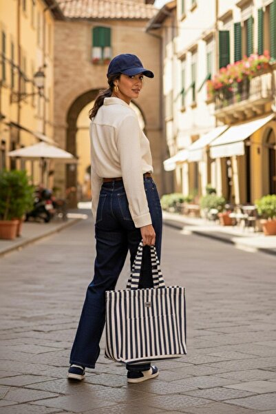 Bagg Geantă cu dungi albastre din material tip stofă