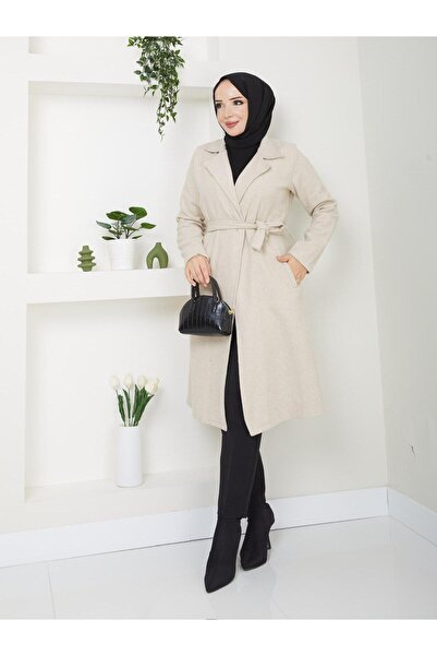 ışık tesettur Standard Sleeve with Pocket Detail Without Lining, 110 cm Length, Cashmere Coat