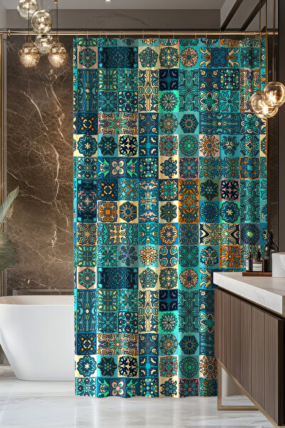 Moud's ستارة حمام، ستارة دش بنمط موزاييك البحر الأبيض المتوسط، ستارة حوض استحمام، مع حلقة هدية 175×200 سم BP-86