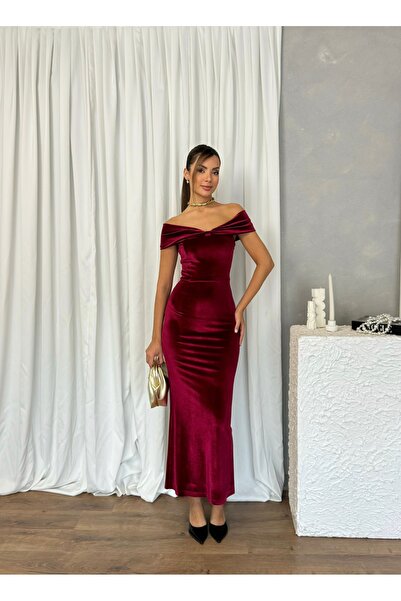 Nesil Omzu Open Bow Look Backless Slit Long Women's Scarlet Dress