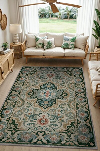 Homshtag İran Halısı Tarzı Makinede Yıkanabilir Vintage Halı, Yeşil Mavi Halı, Şönil Halı
