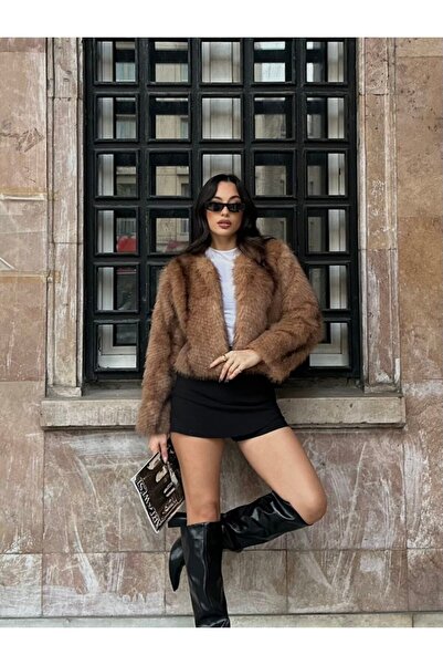 VESS MODA Palton din blană jacquard cu model de vulpe, căptușit în interior