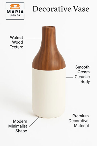 MARIA HOMES Modern Decorative Vase – Ceramic Wood-Effect Flower Vase – Home Decor Accessory