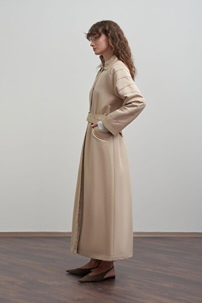 ALLDAY Bej-Sash Detailed Long Ferace