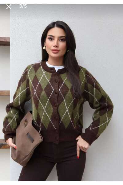 Elfin Baklava Patterned Women's Knitwear Cardigan Green