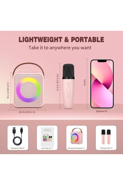 Ankuka Karaoke Microphone Set with Portable Speaker, Bluetooth 5.0, 2 Wireless Mics, LED, MP3/USB/AUX, Pink