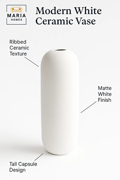 MARIA HOMES Modern Tall White Decorative Vase – Minimal Ceramic Flower Vase for Home and Office Décor