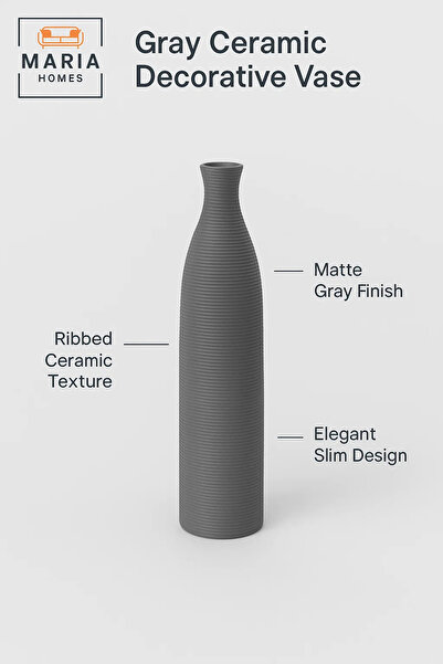 MARIA HOMES Modern Grey Decorative Vase – Tall Ceramic Flower Vase for Home and Office Decor