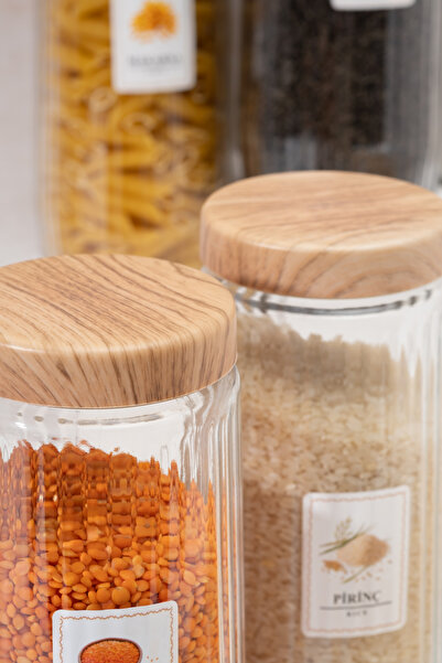 Homekolik Set of 6 Labeled 1500 ml Glass Storage Containers with Wooden Lid Appearance – Dry Food Jar Set