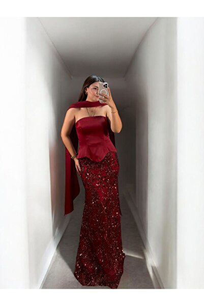 OLA İrina Fular Ve Eldiven Detaylı Dantel Üzeri Payet İşlemeli Korseli Bordo ...