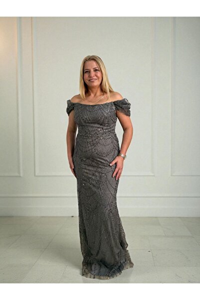 OLA Modest Boncuk Ve Payet İşlemeli Prenses Kollu Kül Rengi Abiye Elbise