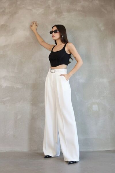 JACK CAPRİO Kadın Palazzo Pileli Pantolon İthal DoubleFace Kumaş Yüksek Kalit...