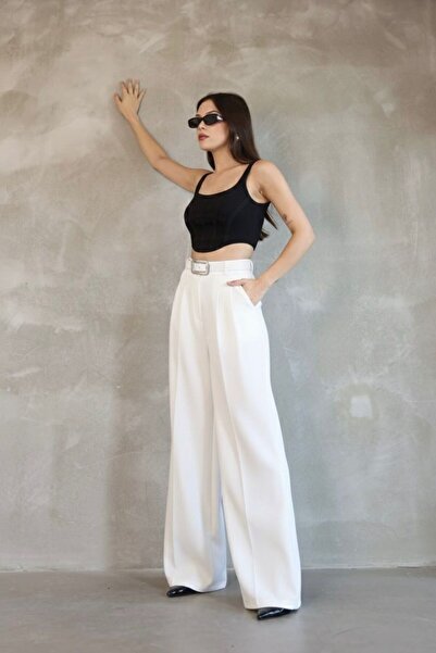 HA-KA GİYİM Women's Palazzo Pleated Pants Imported Doubleface Fabric High Quality Product High Waist with Belt