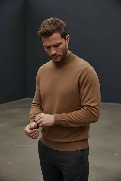 Sarar Interview Half Turtleneck Rayon Tan Knit Sweater