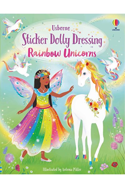 Usborne Carte de stickere, AUTOCOLANTE PĂPUSĂ DRESSING UNICORNI CURCUBEU,