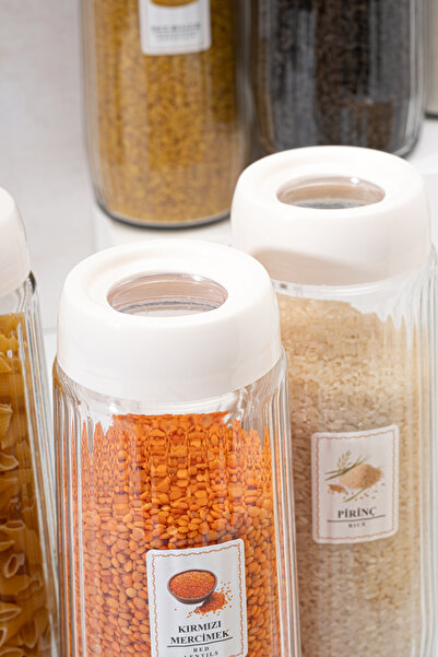 Homekolik Set of 6 White Lidded Glass Storage Containers with Labels – 1500 ml Leakproof Dry Food Jar Set