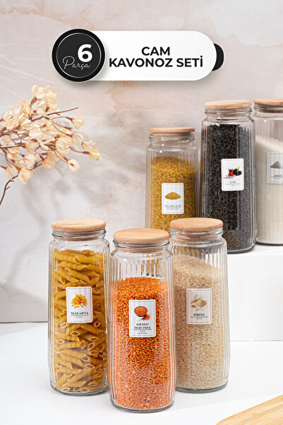 Homekolik Set of 6 Glass Storage Containers with Wooden Lids and Labels – Leakproof 1500 ml Dry Food Jar Set