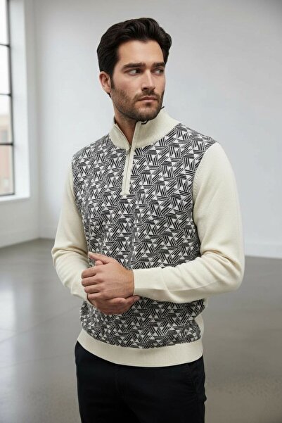 Sarar Interview Half Turtleneck Zippered Geometric Pattern Gray Ecru Knitwear Sweater