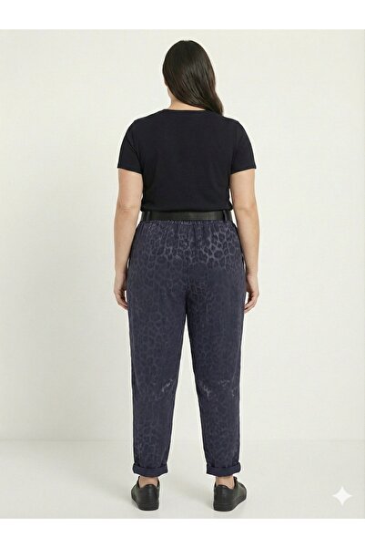 della moor Women's Navy Blue Italian Wide Fit Belted Leopard Print Matte Faux Leather Trousers