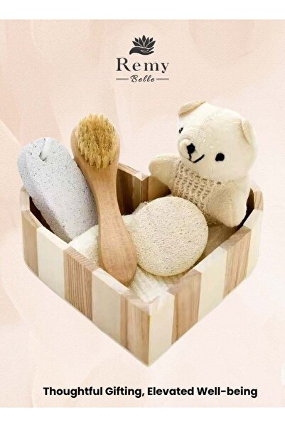 Remy Belle مجموعة إكسسوارات حمام خشبية على شكل قلب مكونة من 5 قطع - مجموعة هدايا سبا خشبية