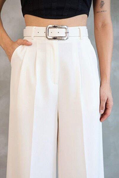 HA-KA GİYİM Women's Palazzo Pleated Pants Imported Doubleface Fabric High Quality Product High Waist with Belt