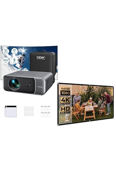 YABER WiFi 6 Projector Set with 120-inch Screen, 15000 lm, 1080P Full HD, 4K Support, 500 ANSI lm