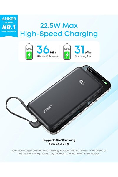 Generic Anker Zolo 10,000mAh Power Bank 22.5W USB-C Built-in Cable (Black)