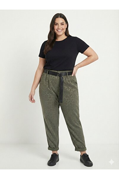 della moor Women's Khaki Italian Wide Fit Belted Leopard Print Matte Faux Leather Pants