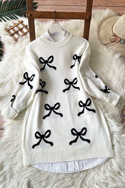 MODAQU Bow Pattern Soft Sweater Tunic - White