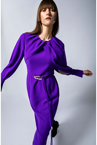 KAMEYA Purple Dress with Cape Sleeve Detail