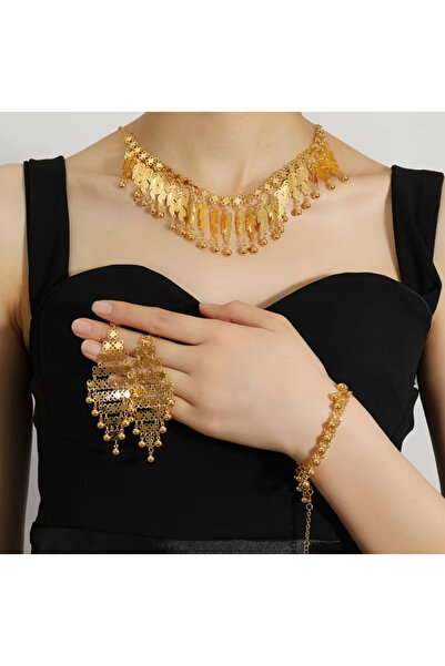 set.up 22 AYAR ALTIN KAPLAMA EL YAPIMI ÜÇLÜ TAKIM GERDANLIK KÜPE VE BİLEKLİK ...