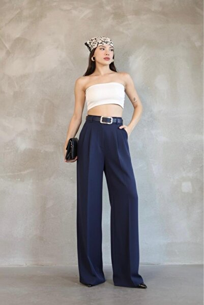 HA-KA GİYİM Women's Palazzo Pleated Pants Imported Doubleface Fabric High Quality Product High Waist with Belt