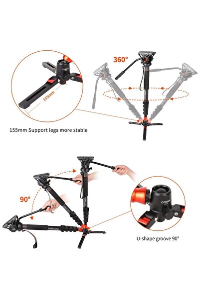 COMAN Professional monopod with quick-release plate, 360° pivoting head, adjustable 64–180 cm, 8 kg cap