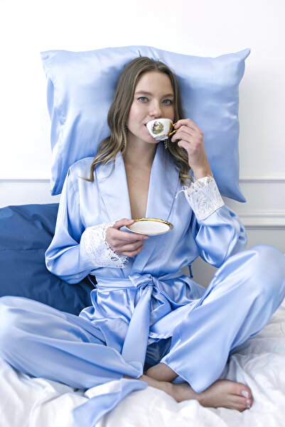 Mita Concept SET KIMONO-PANTALON CU GULER SATIN DE CULOARE ALBASTRĂ