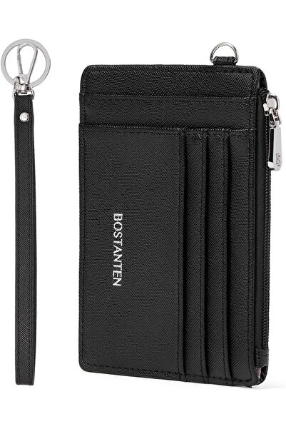 BOSTANTEN Small RFID Leather Wallet for Women - Slim Wristlet Keychain (Black)