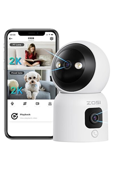 ZOSI Cameră de supraveghere WiFi pentru interior, lentilă dublă 2.4/5GHz, 3MP+3MP, detectare și urmărire a persoanelor prin inteligență artificială, bidirecțională