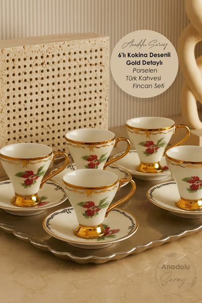 Anadolu Saray 6-Piece Kokina Patterned Gold Detailed Porcelain Turkish Coffee Cup Set