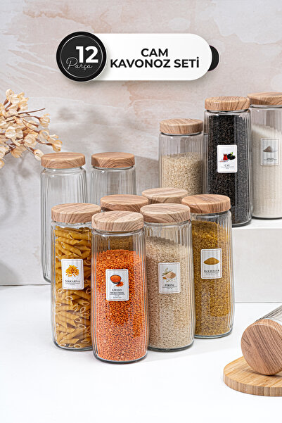 Homekolik Set of 12 Glass Storage Containers with Labeled Wooden Lid Appearance – 1500 ml Leakproof Jar Set