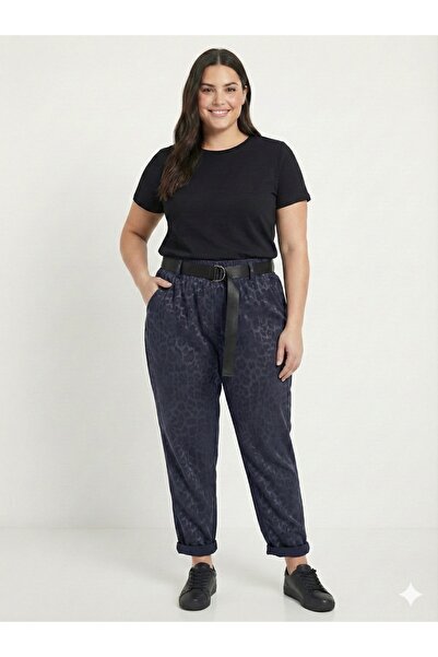 della moor Women's Navy Blue Italian Wide Fit Belted Leopard Print Matte Faux Leather Trousers