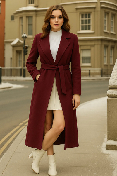 comstar Γυναικείο παλτό Premium Claret Red Cashmere διπλό πέτο