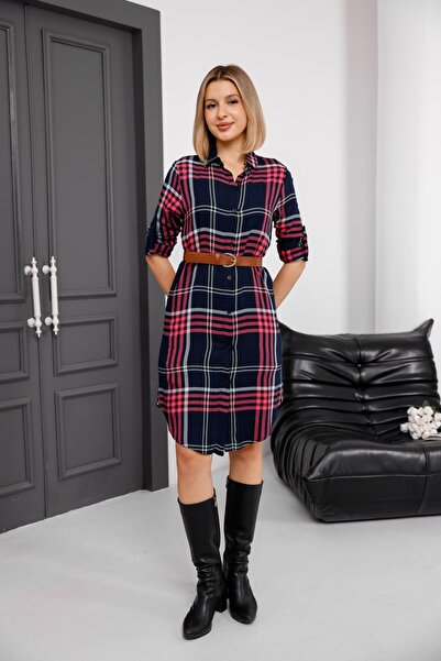 Milamia Plaid Pattern Belted Shirt Dress
