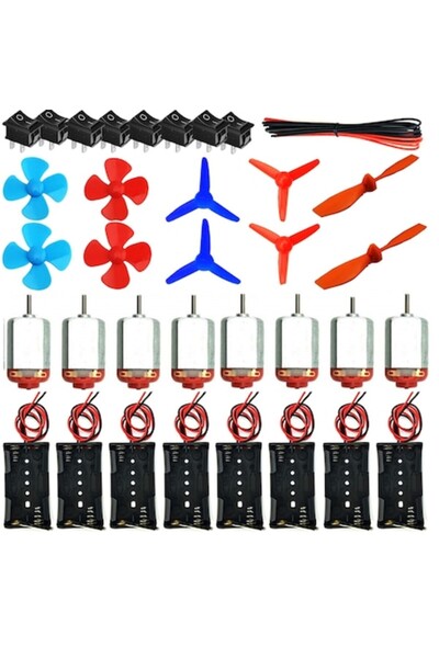 LET Set of 8 DC Mini Motors (1.5–3V) with Props, 8 Switches, 8 AA Holders and 1m Cable