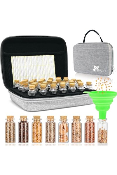 SMUJU Seed storage organizer set — 40 glass bottles with cork stoppers, funnel, 42 labels, hard gray cas