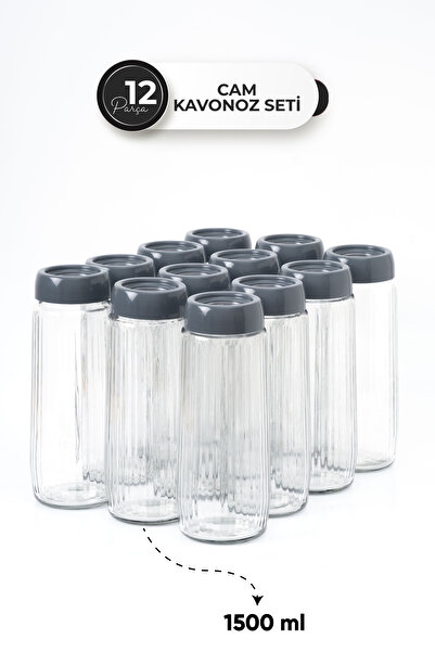 Homekolik Set of 12 Labeled Anthracite Lid Glass Storage Containers – 1500 ml Leakproof Dry Food Jar Set