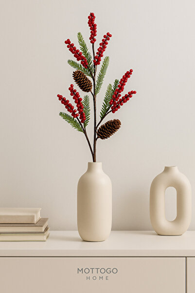 Mottogo Kokina Yılbaşı Dekoratif Çam Kozalaklı Kırmızı Berry Dallı Aranjman-Y...