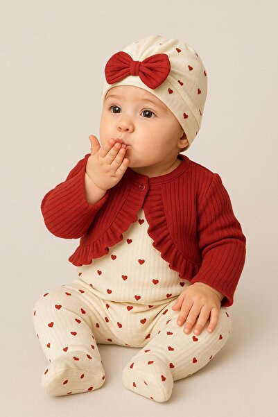 Chicsy Baby Baby Girl Heart Cream Jumpsuit Red Ruffled Cardigan and Bow Beanie 3-Piece Set
